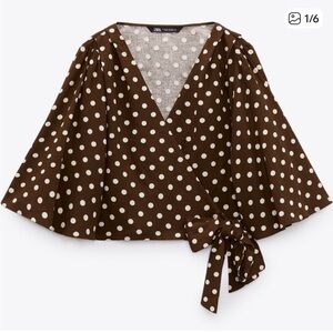 Zara Brown Polka Dot Wrap Top - Large